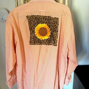 Three XL orange and white checkered, button-down shirt